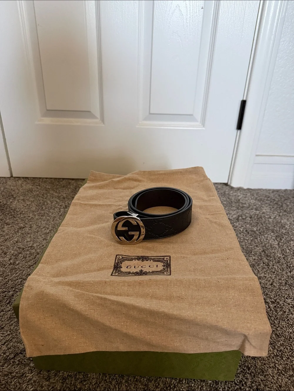 Gucci Black Leather Belt with Gold Interlocking G Buckle